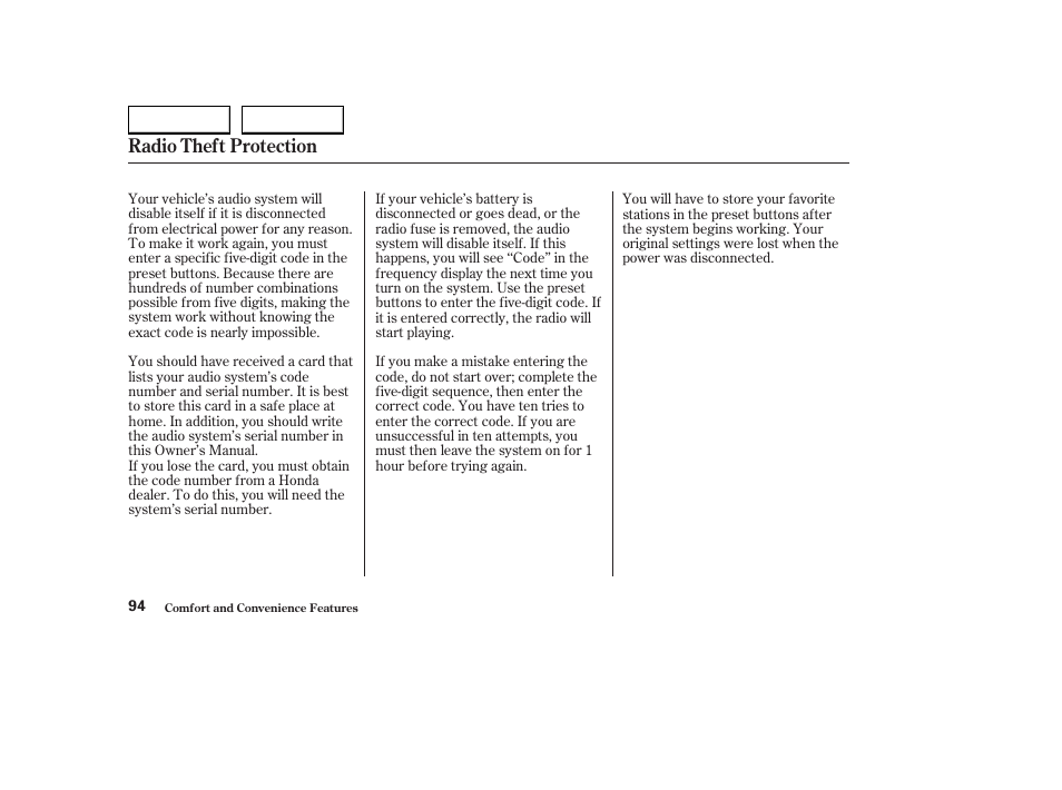 Radio theft protection | HONDA 2004 S2000 - Owner's Manual User Manual | Page 97 / 208