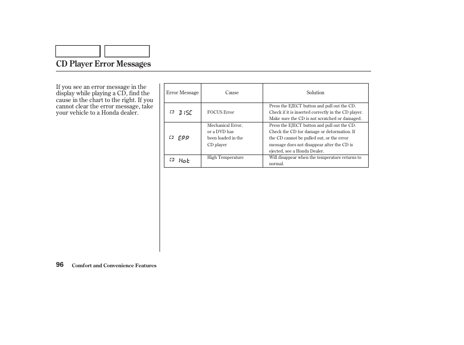 Cd player error messages | HONDA 2004 Pilot - Owner's Manual User Manual | Page 100 / 248