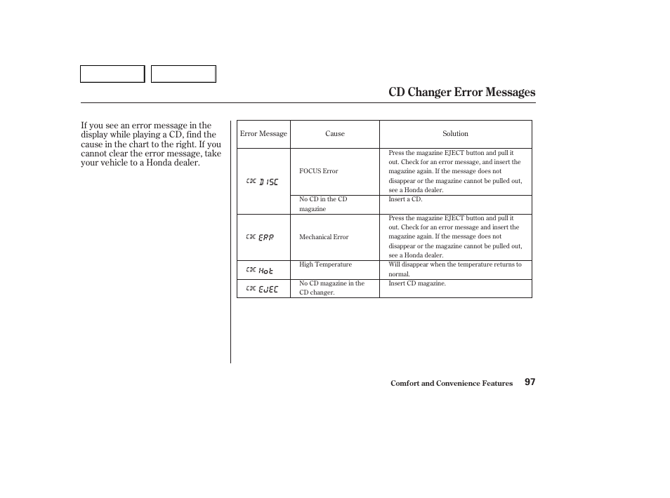 Cd changer error messages | HONDA 2004 Pilot - Owner's Manual User Manual | Page 101 / 248