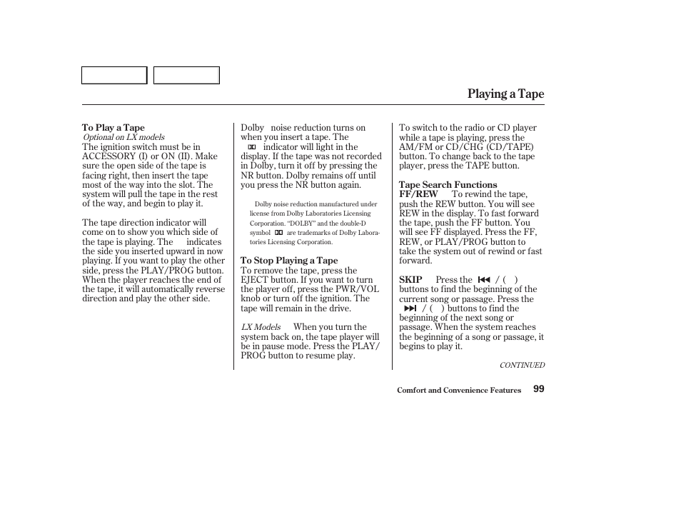 Playing a tape | HONDA 2004 Pilot - Owner's Manual User Manual | Page 103 / 248