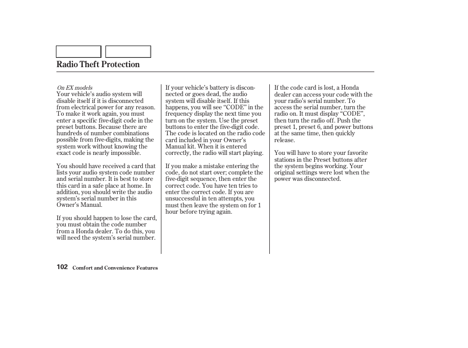Radio theft protection | HONDA 2004 Pilot - Owner's Manual User Manual | Page 106 / 248