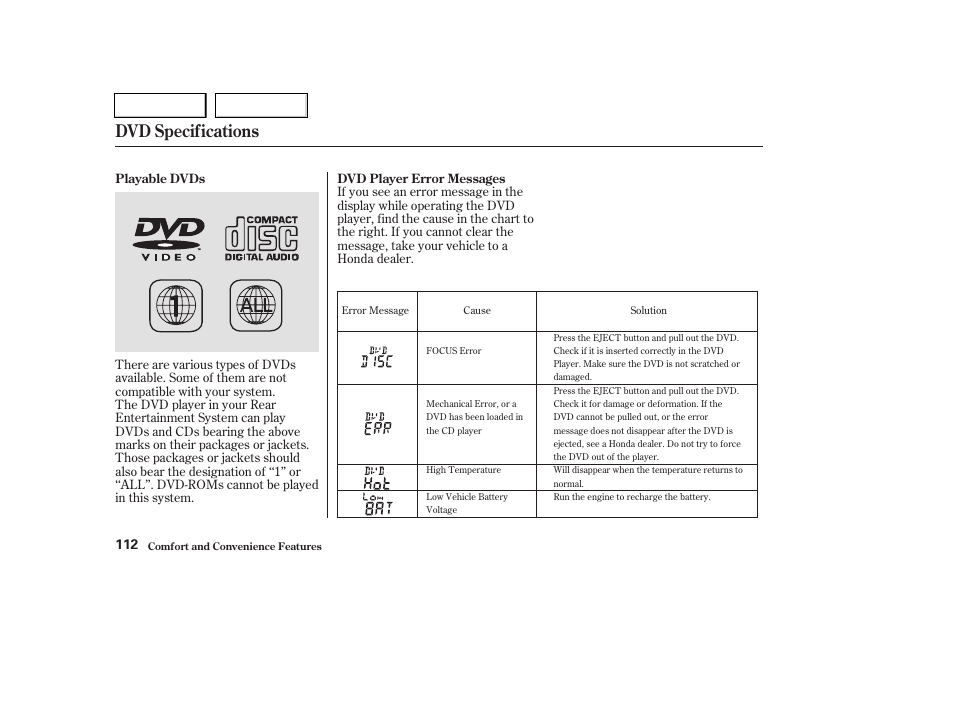 Dvd specifications | HONDA 2004 Pilot - Owner's Manual User Manual | Page 116 / 248