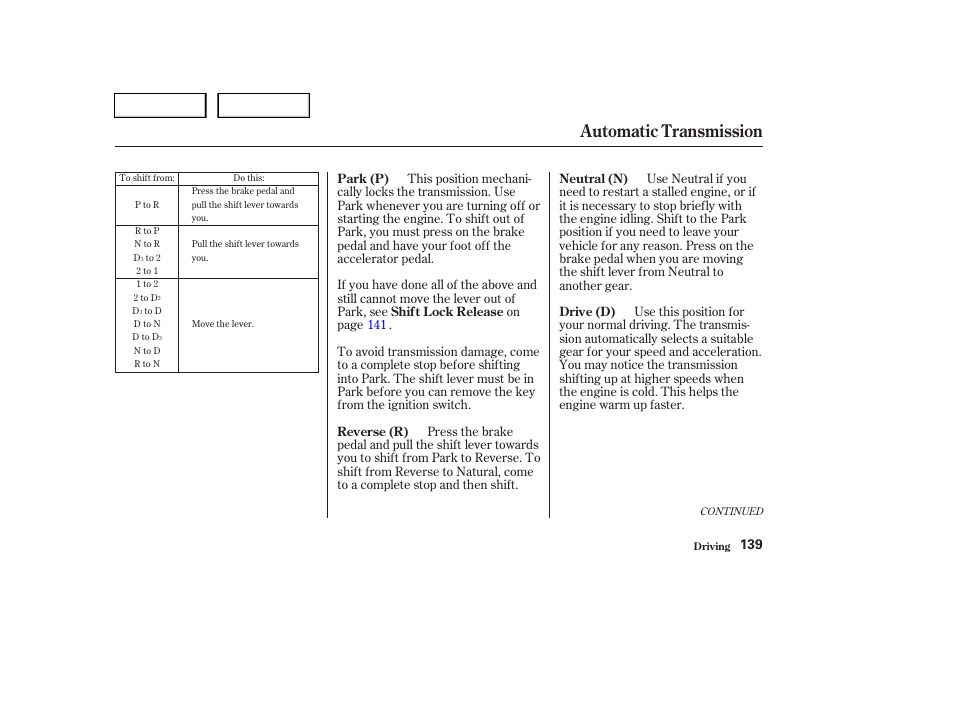 Automatic transmission | HONDA 2004 Pilot - Owner's Manual User Manual | Page 143 / 248