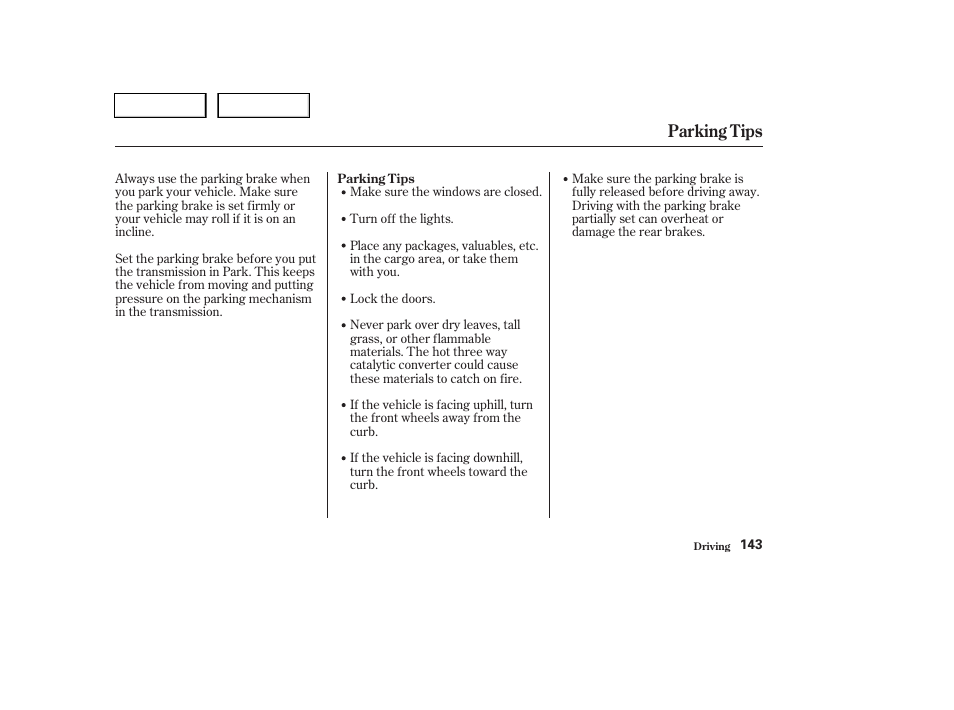 Parking tips | HONDA 2004 Pilot - Owner's Manual User Manual | Page 147 / 248