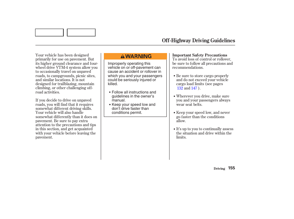 Off-highway driving guidelines | HONDA 2004 Pilot - Owner's Manual User Manual | Page 159 / 248