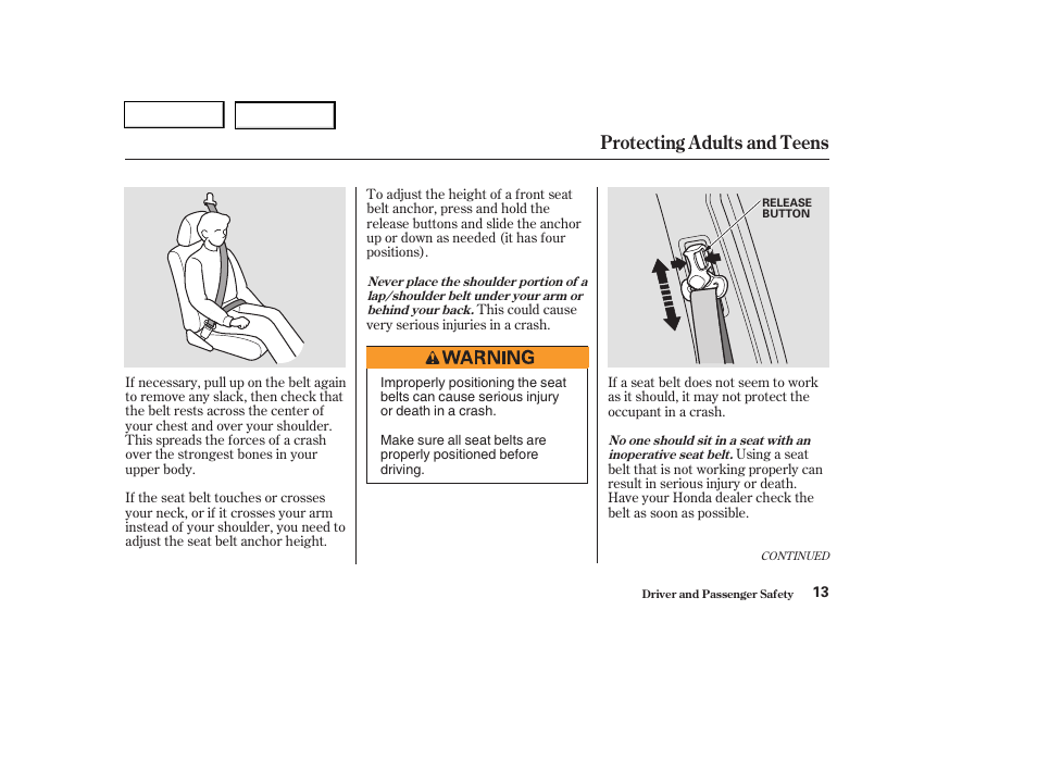 Protecting adults and teens | HONDA 2004 Pilot - Owner's Manual User Manual | Page 17 / 248