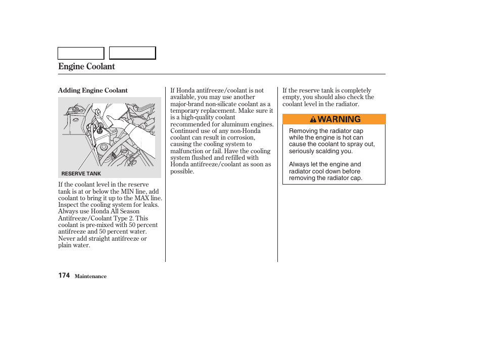 Engine coolant | HONDA 2004 Pilot - Owner's Manual User Manual | Page 178 / 248