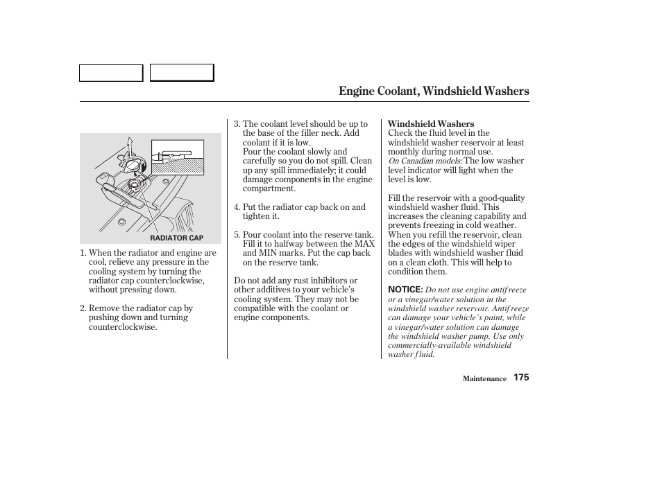 Engine coolant, windshield washers | HONDA 2004 Pilot - Owner's Manual User Manual | Page 179 / 248