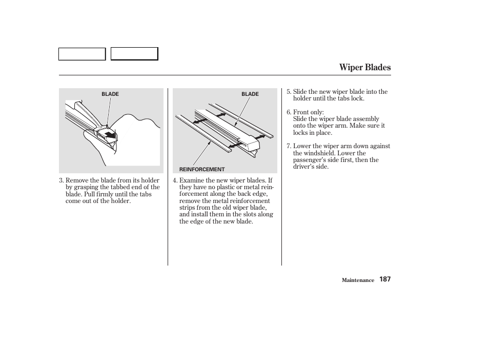 Wiper blades | HONDA 2004 Pilot - Owner's Manual User Manual | Page 191 / 248