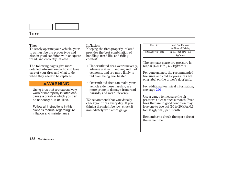 Tires | HONDA 2004 Pilot - Owner's Manual User Manual | Page 192 / 248