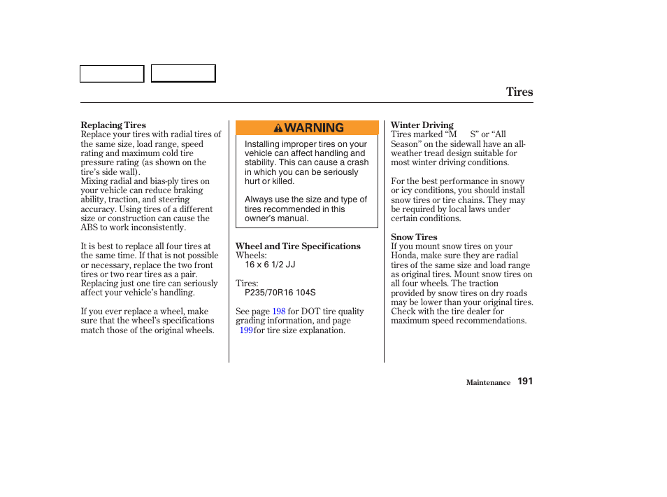 Tires | HONDA 2004 Pilot - Owner's Manual User Manual | Page 195 / 248