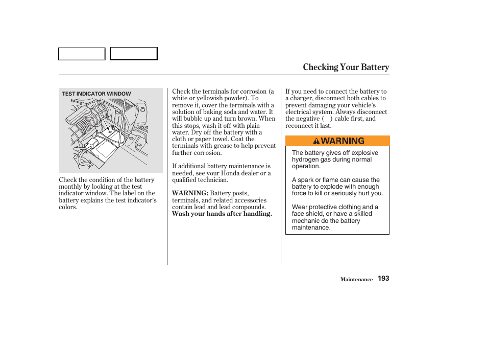 Checking your battery | HONDA 2004 Pilot - Owner's Manual User Manual | Page 197 / 248