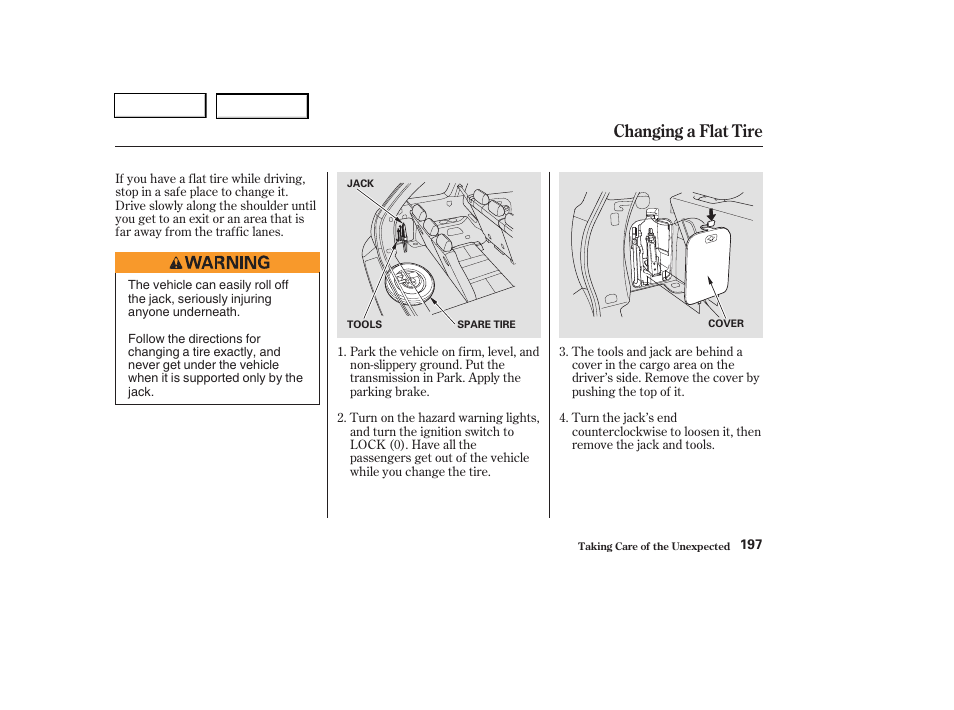 Changing a flat tire | HONDA 2004 Pilot - Owner's Manual User Manual | Page 201 / 248