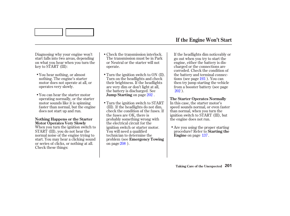 If the engine won’t start | HONDA 2004 Pilot - Owner's Manual User Manual | Page 205 / 248