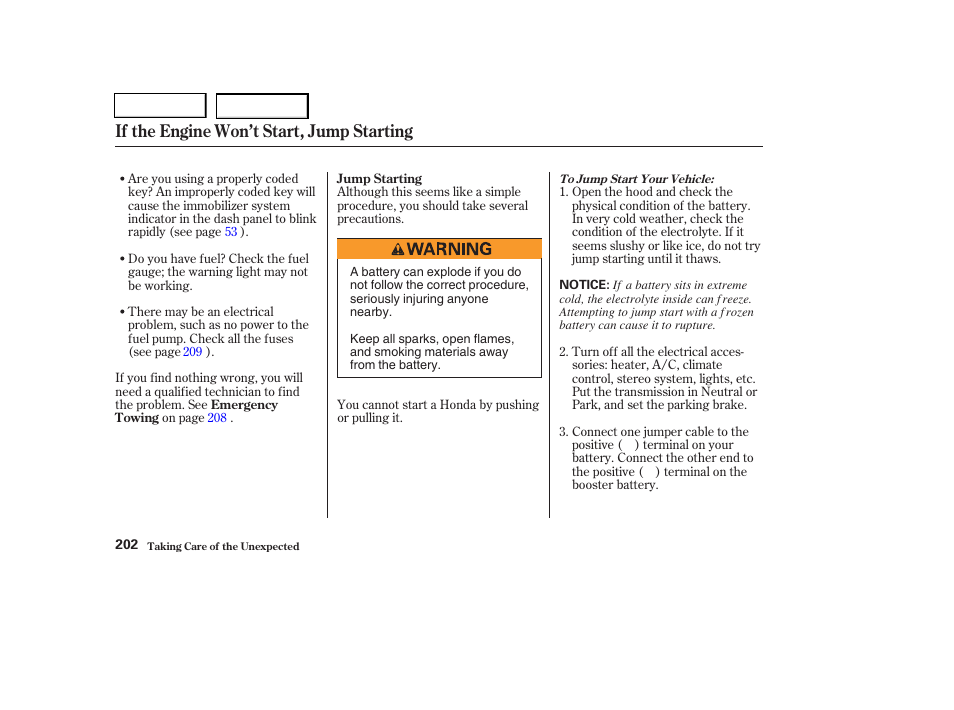 If the engine won’t start, jump starting | HONDA 2004 Pilot - Owner's Manual User Manual | Page 206 / 248