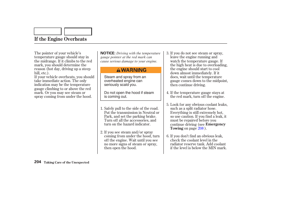 If the engine overheats | HONDA 2004 Pilot - Owner's Manual User Manual | Page 208 / 248