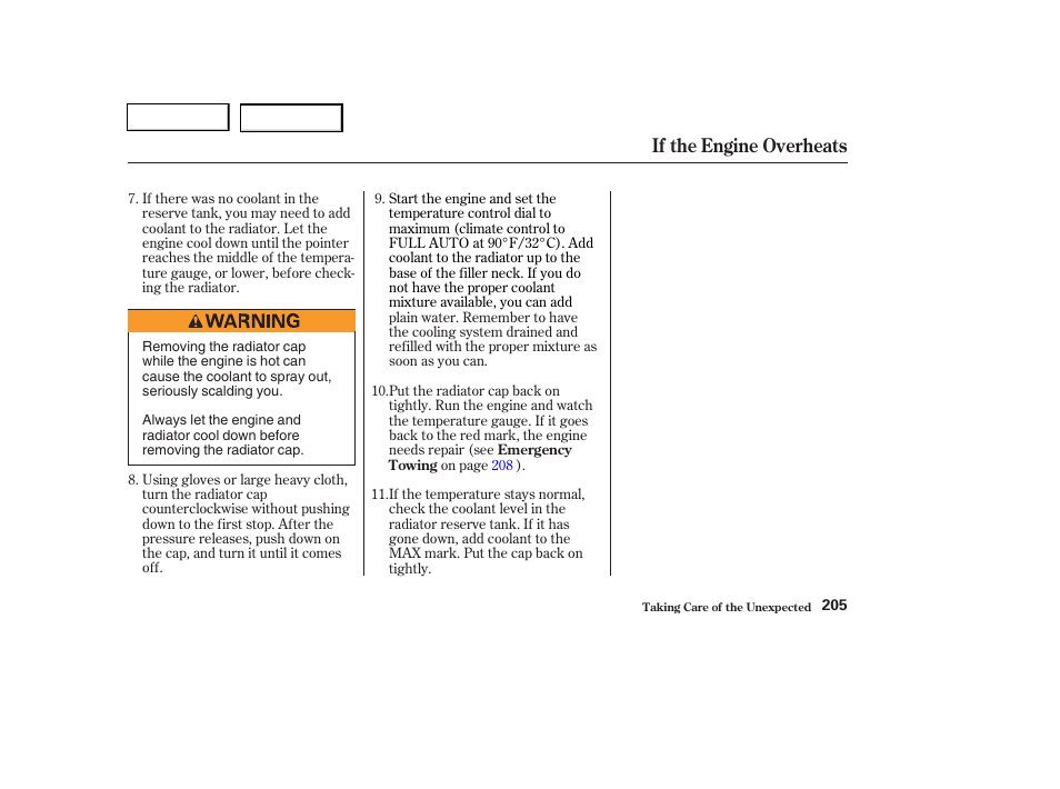 If the engine overheats | HONDA 2004 Pilot - Owner's Manual User Manual | Page 209 / 248