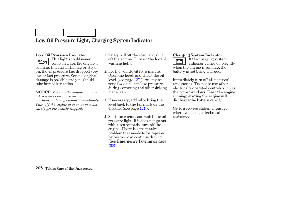 Low oil pressure light, charging system indicator | HONDA 2004 Pilot - Owner's Manual User Manual | Page 210 / 248