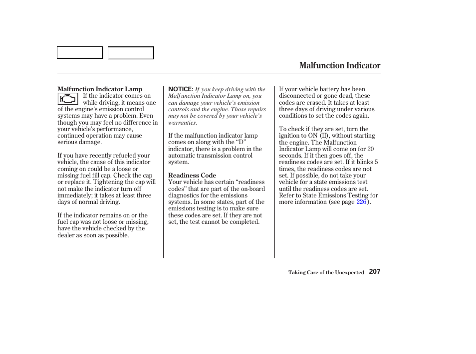 Malfunction indicator | HONDA 2004 Pilot - Owner's Manual User Manual | Page 211 / 248