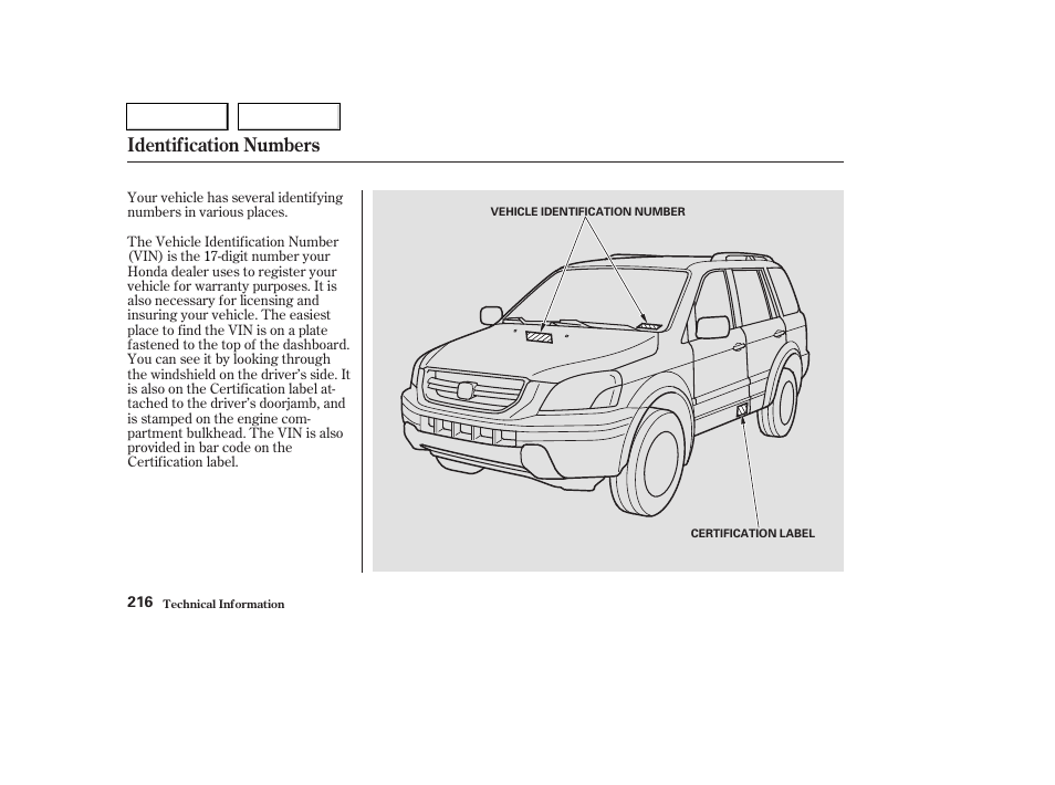 Identification numbers | HONDA 2004 Pilot - Owner's Manual User Manual | Page 220 / 248