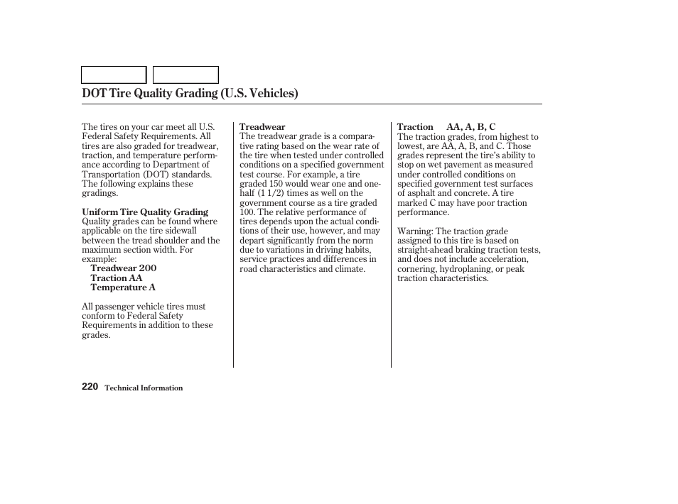 Dot tire quality grading (u.s. vehicles) | HONDA 2004 Pilot - Owner's Manual User Manual | Page 224 / 248