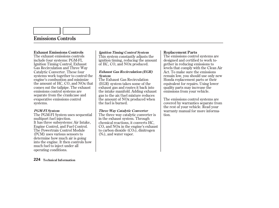 Emissions controls | HONDA 2004 Pilot - Owner's Manual User Manual | Page 228 / 248