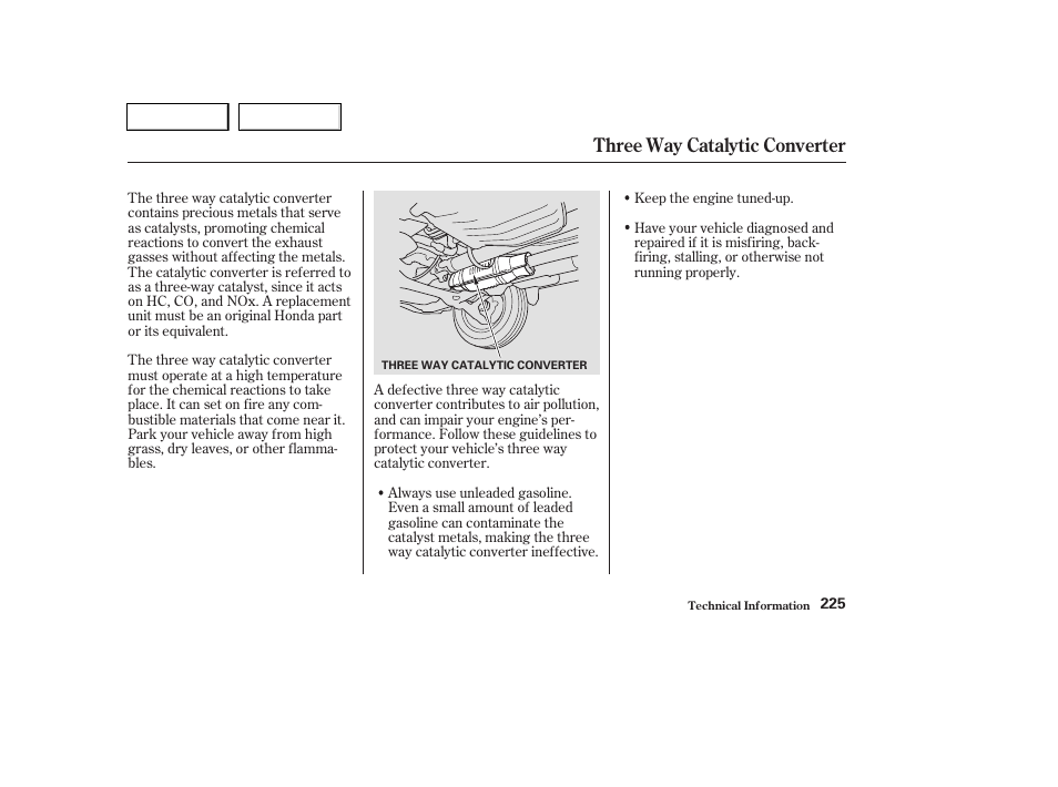 Three way catalytic converter | HONDA 2004 Pilot - Owner's Manual User Manual | Page 229 / 248