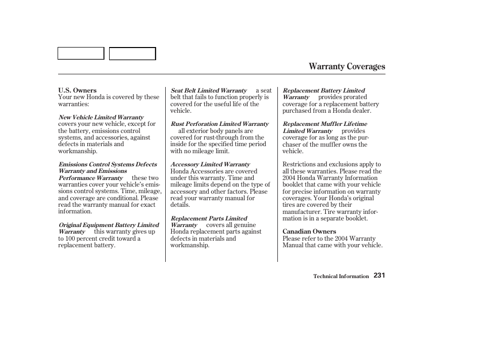 Warranty coverages | HONDA 2004 Pilot - Owner's Manual User Manual | Page 235 / 248