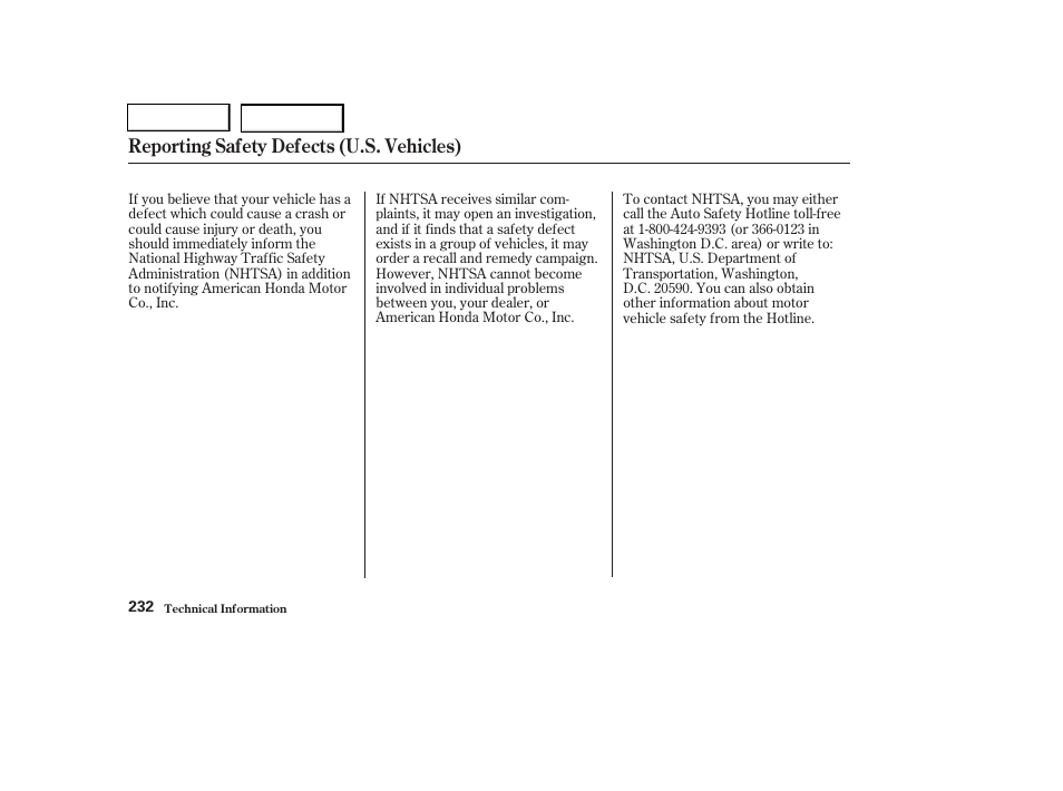 Reporting safety defects (u.s. vehicles) | HONDA 2004 Pilot - Owner's Manual User Manual | Page 236 / 248