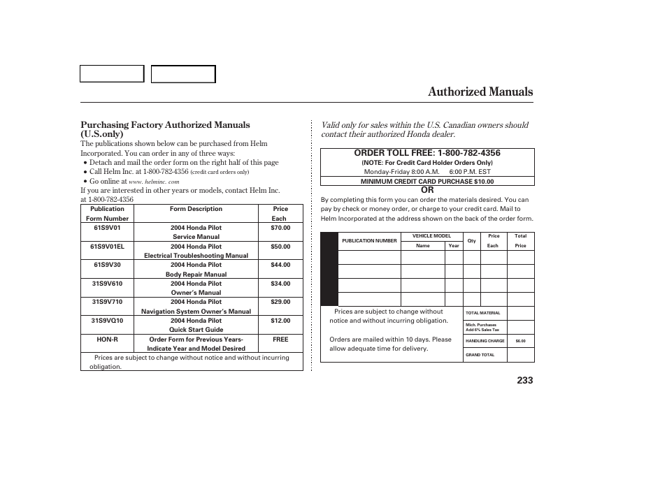 Authorized manuals | HONDA 2004 Pilot - Owner's Manual User Manual | Page 237 / 248