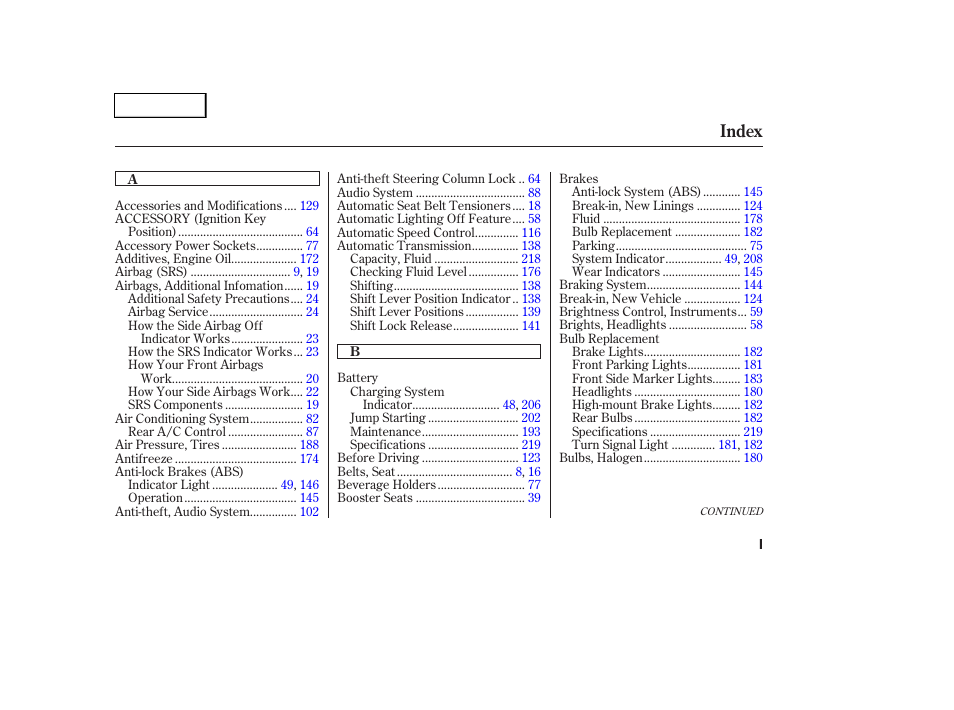 Index | HONDA 2004 Pilot - Owner's Manual User Manual | Page 239 / 248