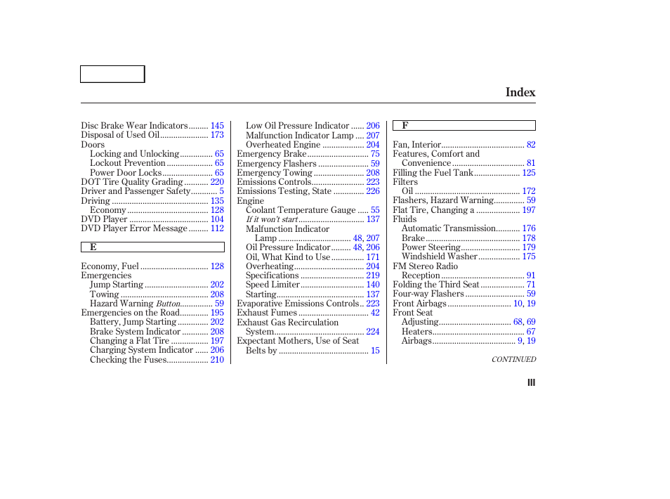 Index | HONDA 2004 Pilot - Owner's Manual User Manual | Page 241 / 248