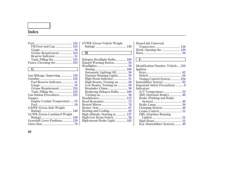 Index | HONDA 2004 Pilot - Owner's Manual User Manual | Page 242 / 248