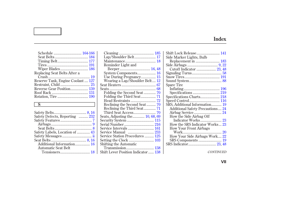 Index | HONDA 2004 Pilot - Owner's Manual User Manual | Page 245 / 248