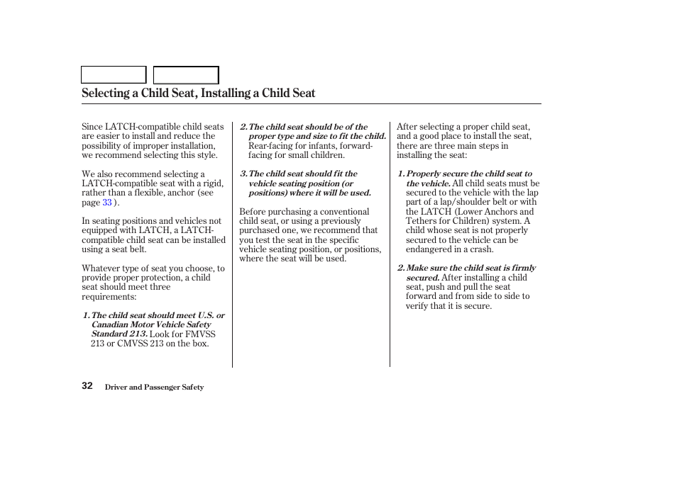 Selecting a child seat, installing a child seat | HONDA 2004 Pilot - Owner's Manual User Manual | Page 36 / 248