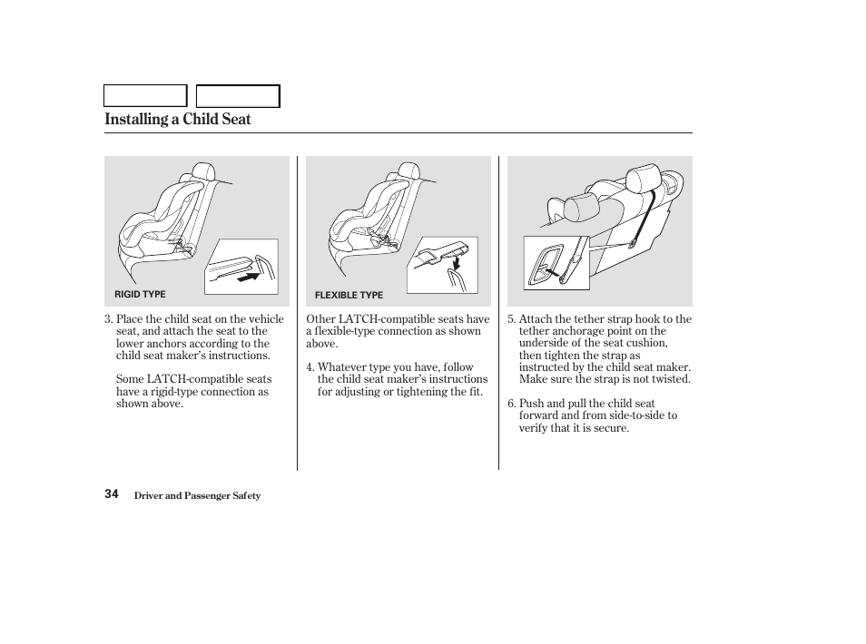 Installing a child seat | HONDA 2004 Pilot - Owner's Manual User Manual | Page 38 / 248