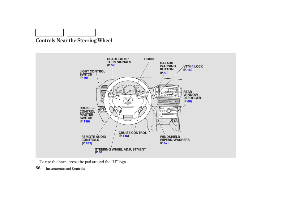 Controls near the steering wheel | HONDA 2004 Pilot - Owner's Manual User Manual | Page 60 / 248