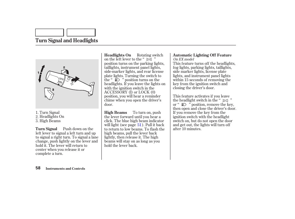 Turn signal and headlights | HONDA 2004 Pilot - Owner's Manual User Manual | Page 62 / 248