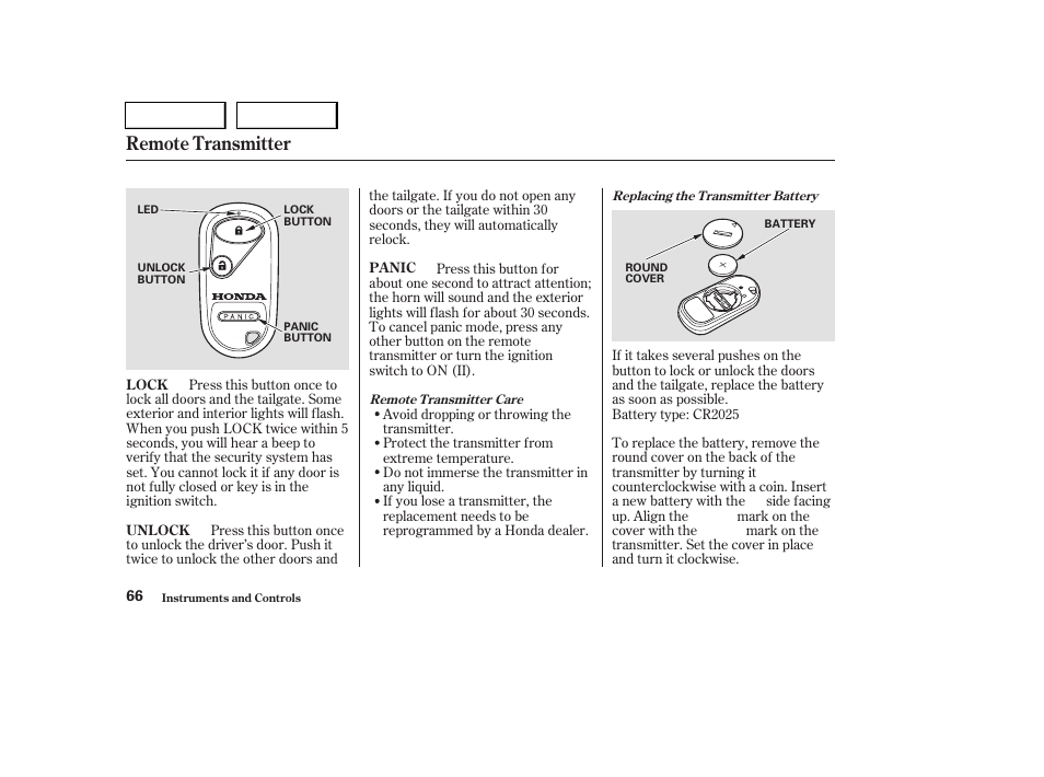 Remote transmitter | HONDA 2004 Pilot - Owner's Manual User Manual | Page 70 / 248