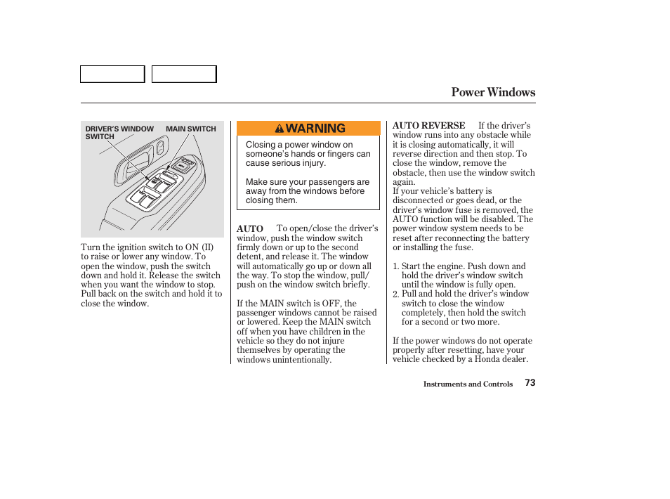 Power windows | HONDA 2004 Pilot - Owner's Manual User Manual | Page 77 / 248