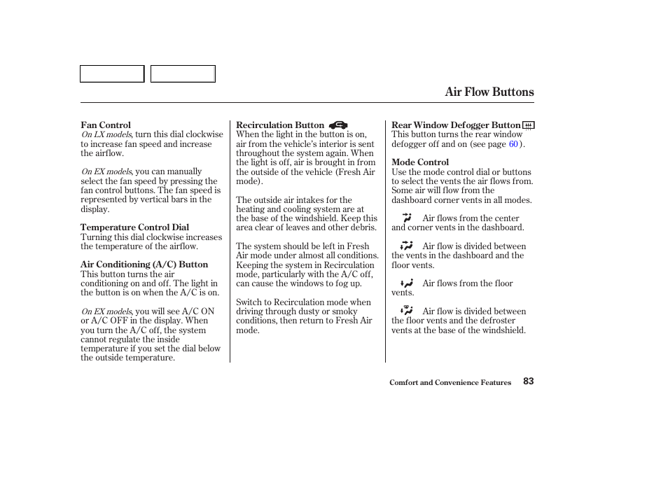 Air flow buttons | HONDA 2004 Pilot - Owner's Manual User Manual | Page 87 / 248