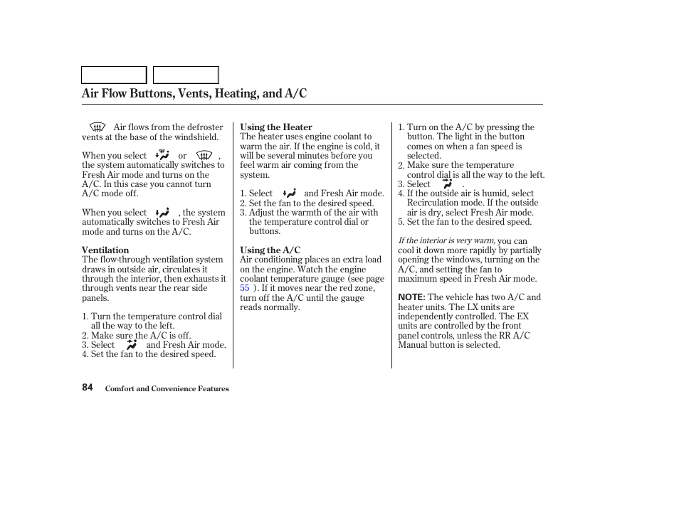 Air flow buttons, vents, heating, and a/c | HONDA 2004 Pilot - Owner's Manual User Manual | Page 88 / 248