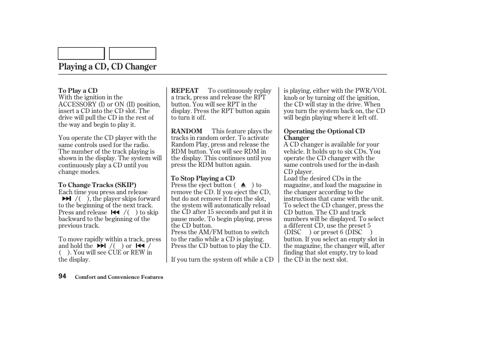 Playing a cd, cd changer | HONDA 2004 Pilot - Owner's Manual User Manual | Page 98 / 248