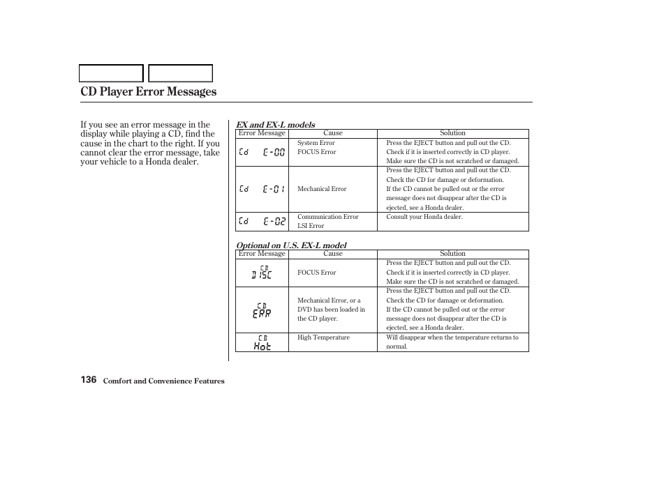 Cd player error messages | HONDA 2004 Odyssey - Owner's Manual User Manual | Page 139 / 296