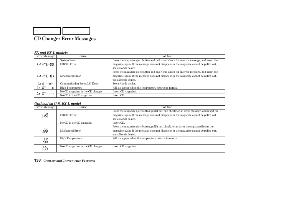 Cd changer error messages | HONDA 2004 Odyssey - Owner's Manual User Manual | Page 141 / 296