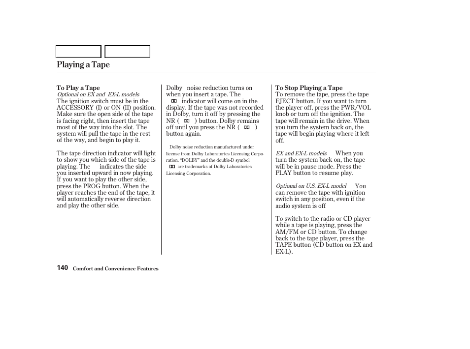 Playing a tape | HONDA 2004 Odyssey - Owner's Manual User Manual | Page 143 / 296