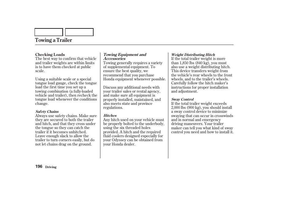 Towing a trailer | HONDA 2004 Odyssey - Owner's Manual User Manual | Page 199 / 296