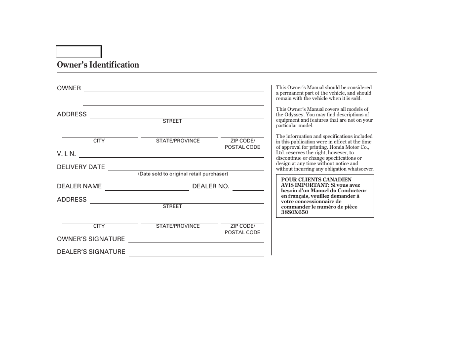 Owner's identification form, Owner’s identification | HONDA 2004 Odyssey - Owner's Manual User Manual | Page 2 / 296