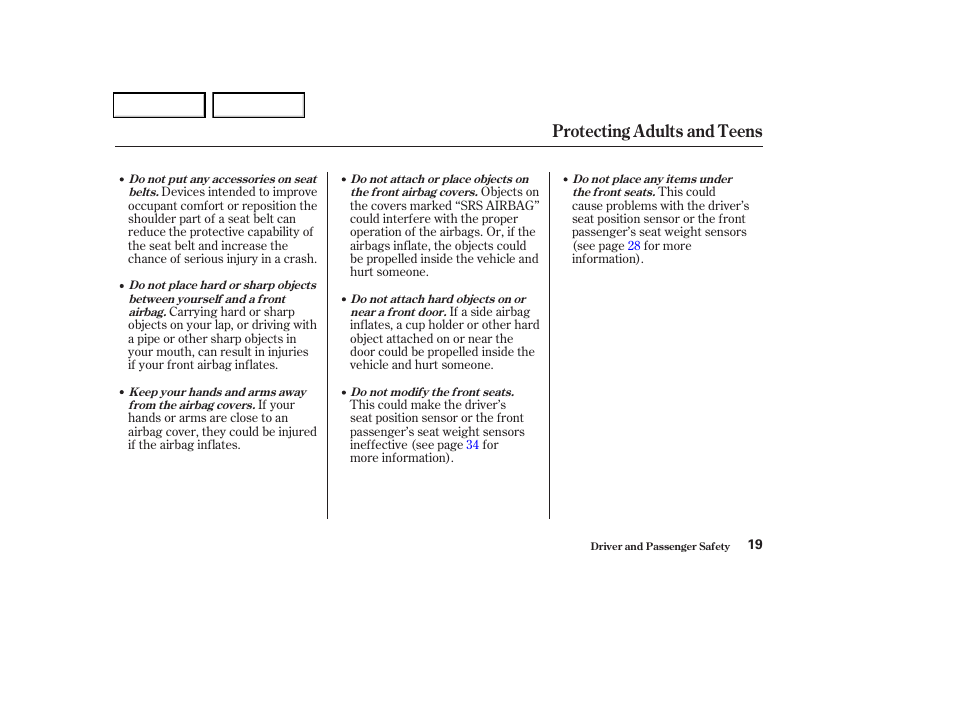 Protecting adults and teens | HONDA 2004 Odyssey - Owner's Manual User Manual | Page 22 / 296
