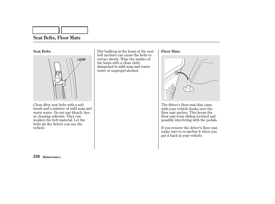 Seat belts, floor mats | HONDA 2004 Odyssey - Owner's Manual User Manual | Page 229 / 296